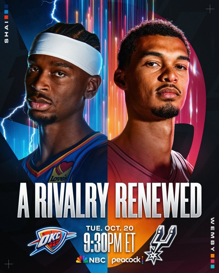 NBA官方发布雷霆马刺揭幕战海报:MVP对DPOY